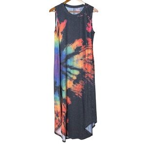 Sleeveless Black Tie-Dye Midi Dress with Rainbow Tie-Dye Splash